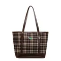 Borsa tote vintage a scacchi con ricamo bassotto e manici in pelle marrone - Base Grigia a Strisce Blu