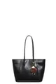 Retro black faux leather tote bag with long shoulder straps and plush brown charm - Black With Pendant