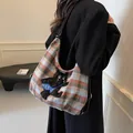 Plaid tote bag with cat embroidery and adjustable brown leather straps for women - Black Cat Style