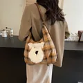 Plaid tote bag with fluffy puppy embroidery and brown leather straps in retro style - Polka Dot Dog Style