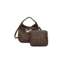 Conjunto de bolso cubo de cuero marrón oscuro con textura vintage y hebillas de metal - Bolso Bandolera y Estuche / Marrón