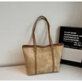 Minimalist light brown tote bag with marble texture and dark brown leather edge details - No Pendant / Khaki