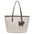 Off-white checkered tote bag with dark brown handles and a cute dog charm accessory - With Pendant / Brown