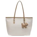Cream tote bag with brown leather trim, checkered texture and cute puppy charm detail - With Pendant / Khaki