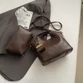 Dark brown leather bucket bag set with matching envelope pouch and adjustable strap - Coffee (With Pouch)