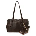 Bolso de hombro marrón oscuro con colgante de perro salchicha y detalles de correa trenzada - Con Colgante / Café Con Colgante