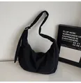Minimalist black padded nylon crescent tote bag with silver zipper and wide strap - No Pendant / Black