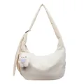 Minimalist beige canvas moon bag with a cute plush bunny charm and wide shoulder strap - With Pendant / Off White