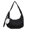 Lightweight black quilted crescent hobo bag with cute white teddy bear charm - With Pendant / Black