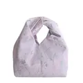 Lilac floral jacquard knot handbag with elegant satin texture and twisted handle - 22x10x15cm / Purple