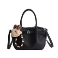 Black litchi grain bucket bag with silver lock and plush puppy charm accessory - With Pendant / Black