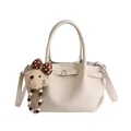 Beige bucket bag in litchi grain leather with a cute plush bear pendant and strap - With Pendant / White