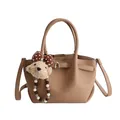 Light brown lychee grain leather bucket bag with a cute bear pendant and top handles - With Pendant / Khaki