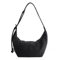 Minimalist black crescent tote bag in lychee texture leather with adjustable knot strap - Black