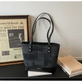 Retro tote bag in dark grey and black contrast stitching with golden hardware and straps - Black