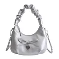 Silver metallic pleated handbag with a bow detail and a heart-shaped charm on chain - Silver