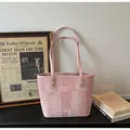 Pink printed tote bag with artistic geometric patterns and gold metallic rivets - Pink