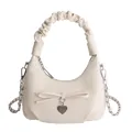 Elegant cream pleated dumpling bag with leather bow and heart pendant detail - White
