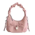 Pink pleated dumpling bag with bow detail, heart charm, and metal chain strap - Pink