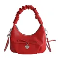 Chic red pleated handbag with bow detail, heart charm and woven chain strap - Red