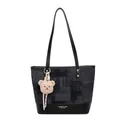 Contrast color bucket tote bag in dark grey with black leather trim and bear pendant - Black With Pendant