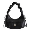 Black crescent pleated handbag with bow detail and silver chain shoulder strap - Black