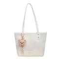 Minimalist cream canvas tote bag with contrast leather trim and bear charm accessory - Cream White with Pendant
