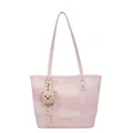 Pink patchwork tote bag with color-block texture and brown plush bear charm - Pink With Pendant