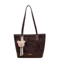 Retro contrast color large bucket tote bag in dark brown with cute bear charm - Coffee With Charms