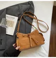 Brown suede half-moon baguette shoulder bag with contrast stitching and drawstring detail - No Pendant / Khaki