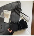 Black suede baguette shoulder bag with contrast stitching and drawstring detail - No Pendant / Black