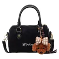 Elegant black suede baguette bag with leather handles and teddy bear charm - With Pendant / Black
