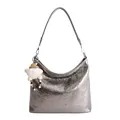 Sac hobo argenté avec texture plissée et pendentif en peluche blanche pour femme - Avec Pendentif / Or Titane