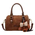 Brown suede Boston baguette bag with teddy bear pendant and gold hardware - With Pendant / Brown