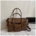 Vintage bruine leren shopper met gouden hardware en meerdere vakken voor woon-werkverkeer - Bruin