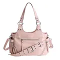 Pink faux leather tote bag with silver zippers and buckle strap details in punk style - Pink