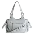 Light gray multi-pocket faux leather tote bag with stylish metallic zipper hardware - Blue