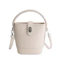 Sac seau en cuir beige crème avec fermoir rotatif argenté et texture grainée - Blanc Sans Pendentif