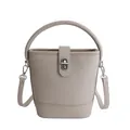 Grey pebbled leather bucket bag with top handle and silver metal turn-lock closure - Gray Without Pendant