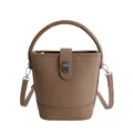 Sac seau en cuir marron avec verrou rotatif argenté et bandoulière amovible - Khaki Sans Pendentif