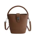 Minimalist dark brown litchi pattern leather bucket bag with silver twist lock and strap - Brown Without Pendant