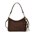 Retro dark brown suede small square underarm bag with ethnic wooden beads ornament - With Pendant / Brown