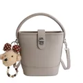 Grey pebbled leather bucket bag with silver clasp and cute puppy charm accessory - Gray (With Pendant)