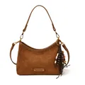 Brown suede dumpling tote bag with leather trim and decorative wooden bead charm - With Pendant / Brown