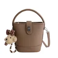 Brown lychee leather bucket bag with top handle and cute teddy bear charm detail - Khaki (With Pendant)