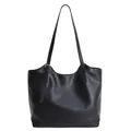 Minimalist black leather tote bag with adjustable shoulder straps and silver metal buckle - 29*11*25cm / Basic Style / Black