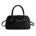 Sac à main vintage noir mat style coquillage avec détails argentés et bandoulière - Sans Pendentif / Noir