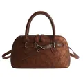 Vintage shell handbag in bronze brown with cracked leather texture and silver buckles - No Pendant / Brown