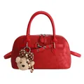 Retro red shell handbag with matte leather texture and cute plush bear charm - With Pendant / Red