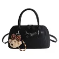 Matte black litchi pattern shell bag with long handles and a cute bear charm - With Pendant / Black